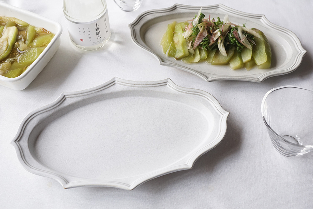 アッシュホワイト 楕円稜花皿 大